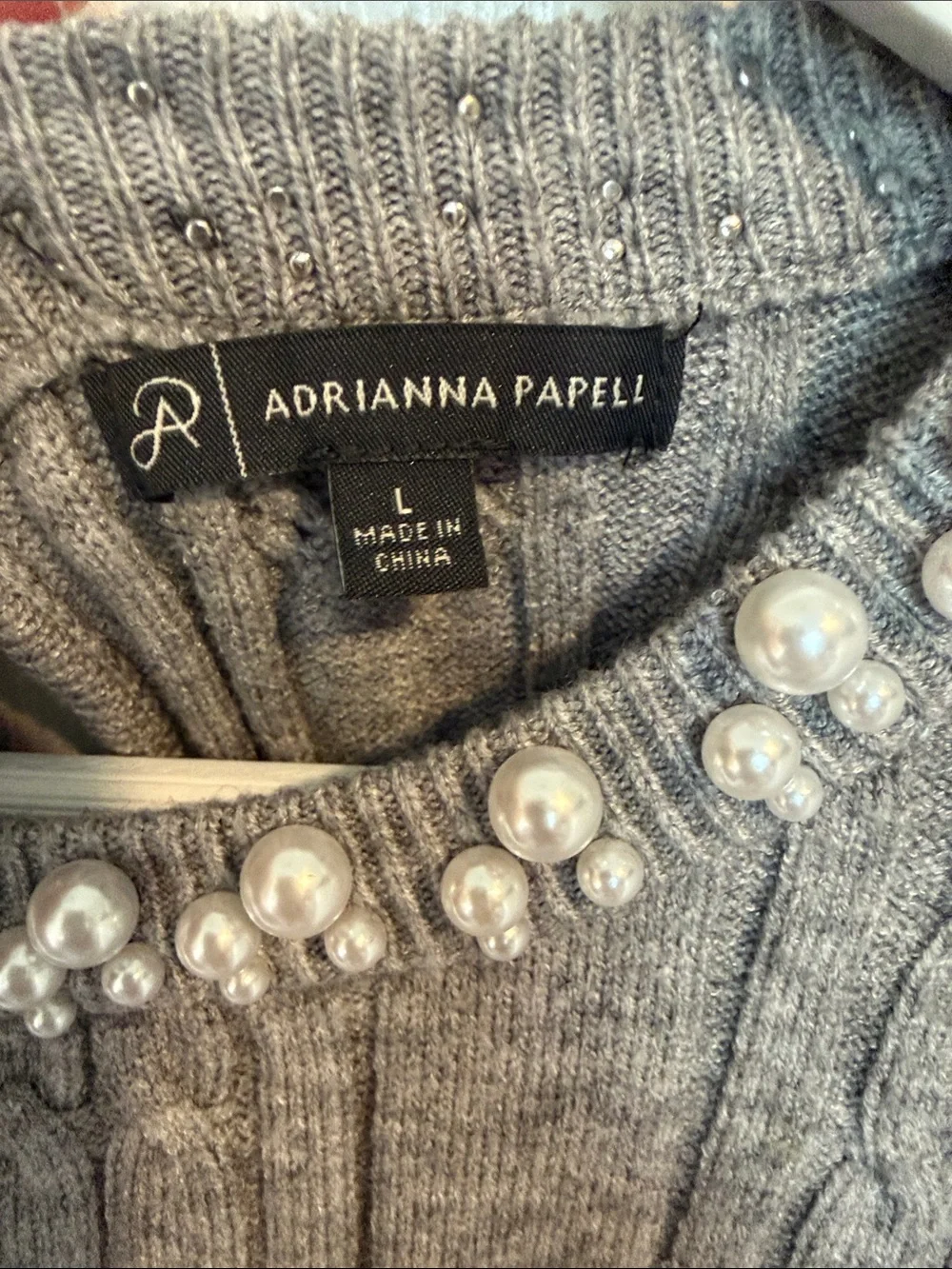 Adrianna Papell Gray Pearl-Embellished Cable Knit Sweater size L